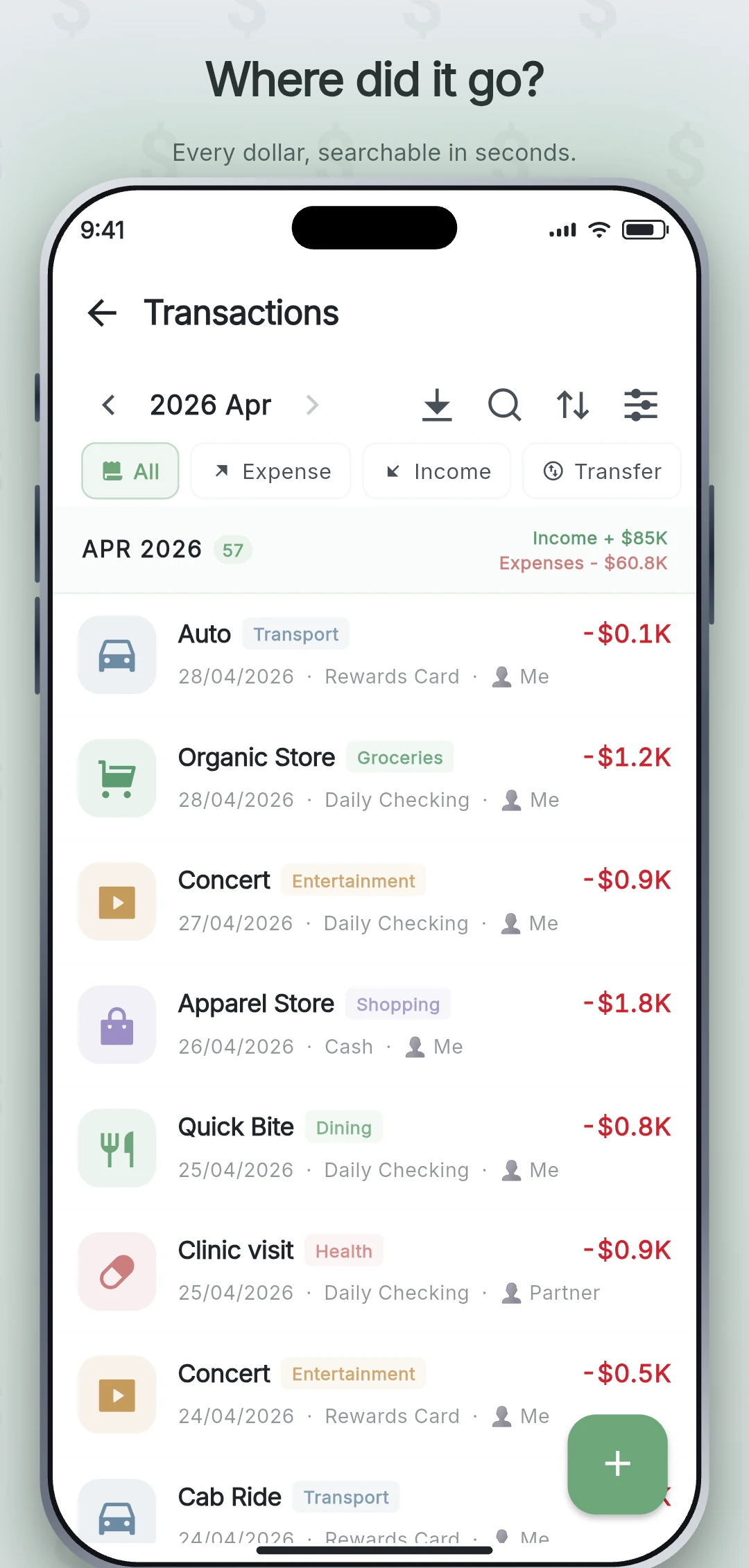 Budget Lock transaction list with search, filters, and category tags