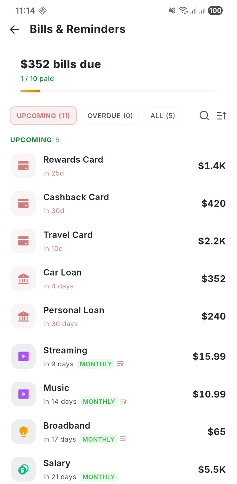 Budget Lock bills and reminders screen on Android
