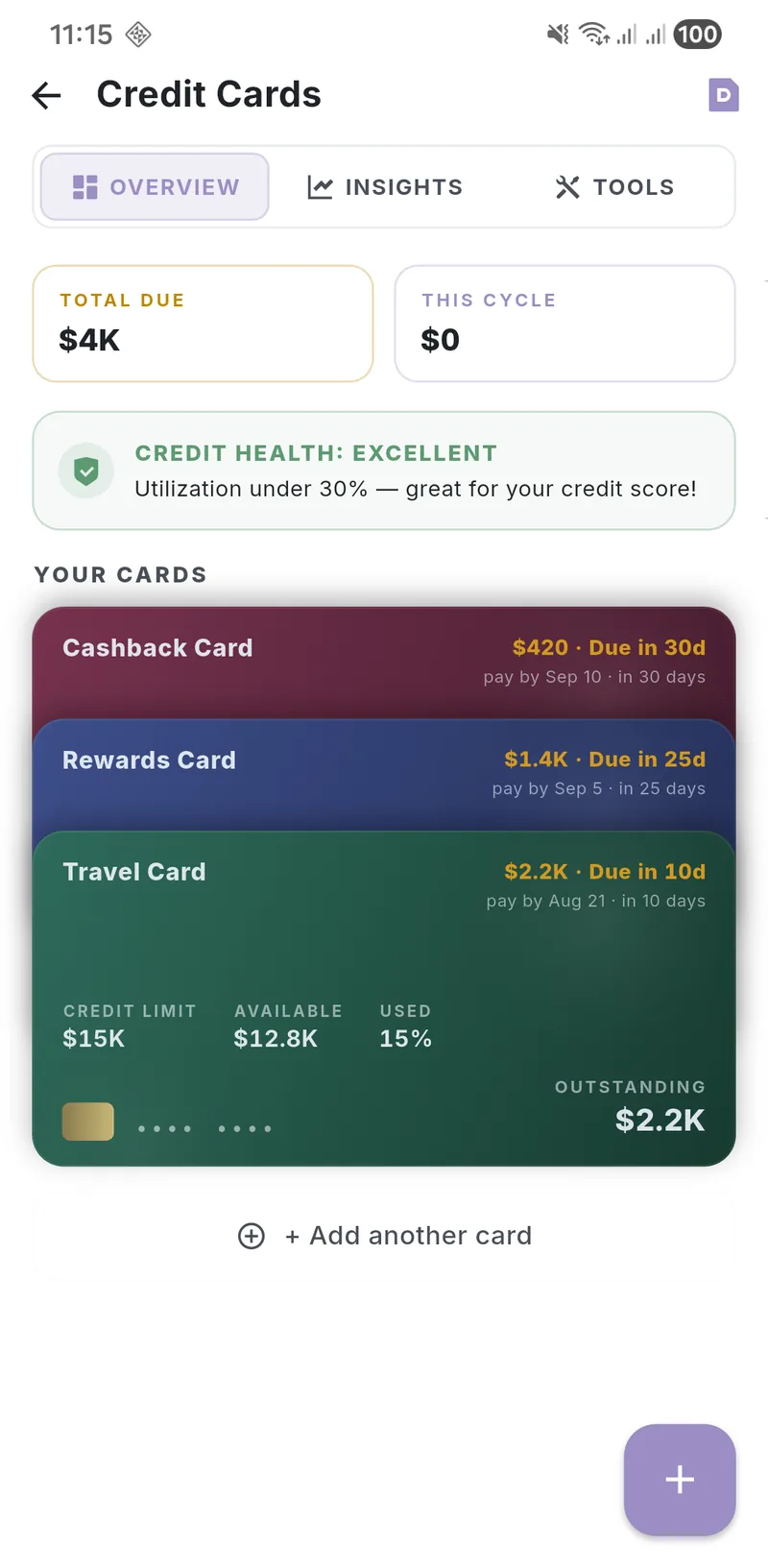 Budget Lock credit card screen on Android showing total due, credit health, and a stack of cards with their billing dates