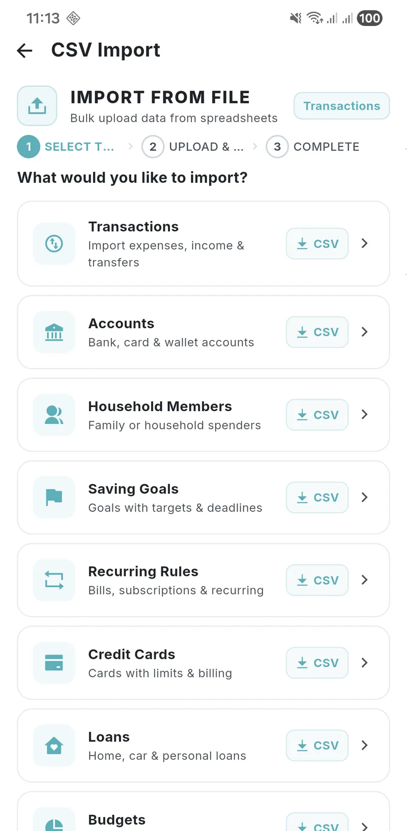 Budget Lock import and export screen on Android