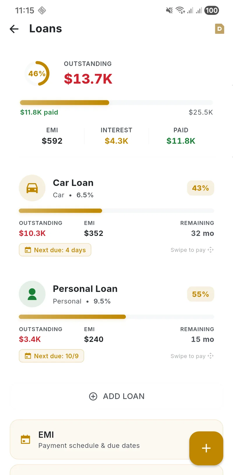 Budget Lock loan and emi tracker screen on Android